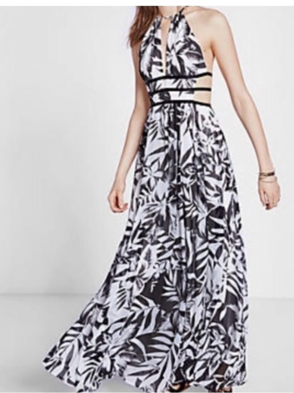 Express Halter Neck Black and White Floral Maxi Dress with Cutouts